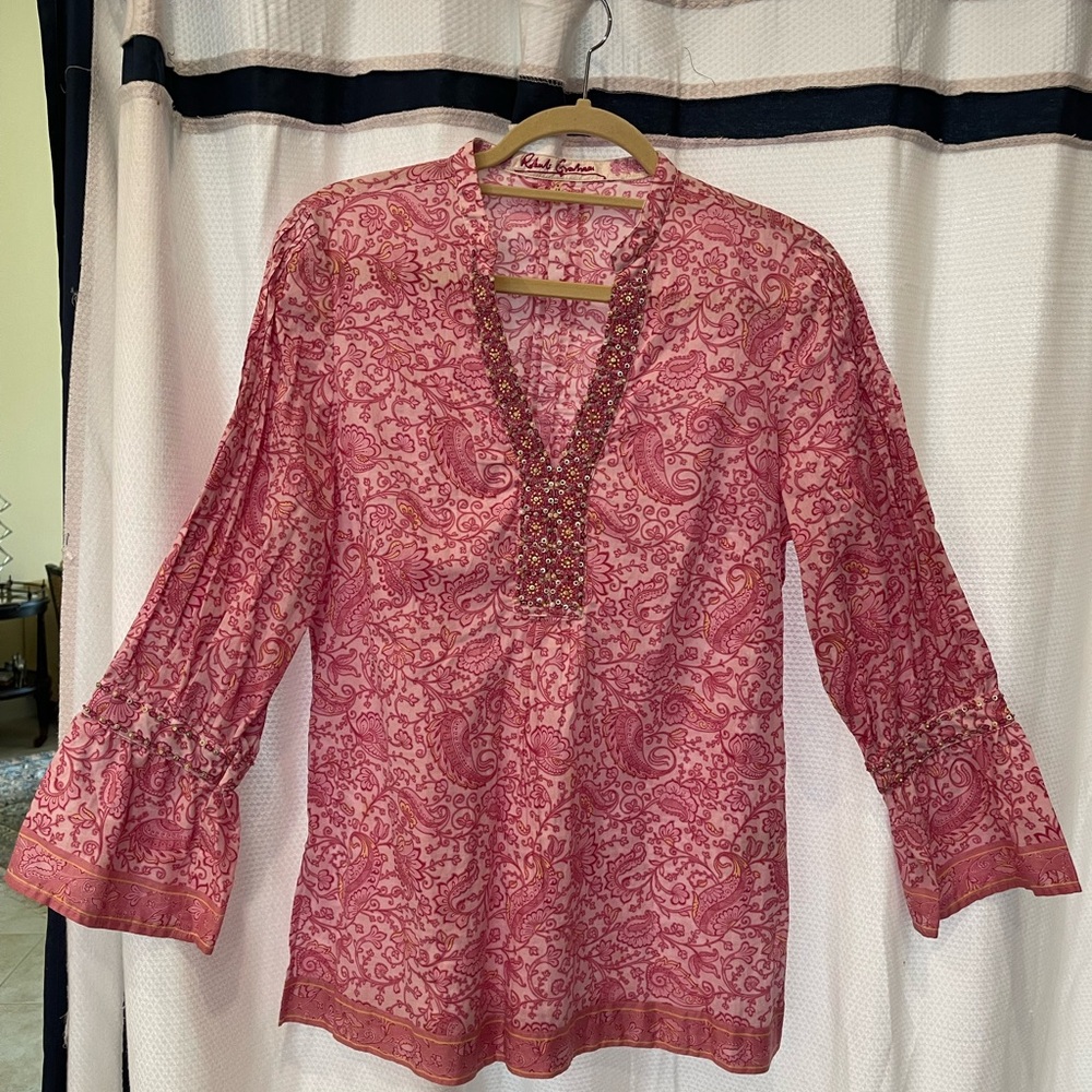Robert Graham Pink and White Beaded Bell Sleeve Tunic